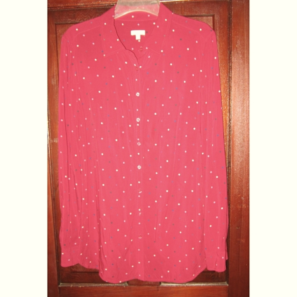 Talbots M Button Down Shirt Blouse Top Tunic Polka Dot Print Rayon Long Burgundy